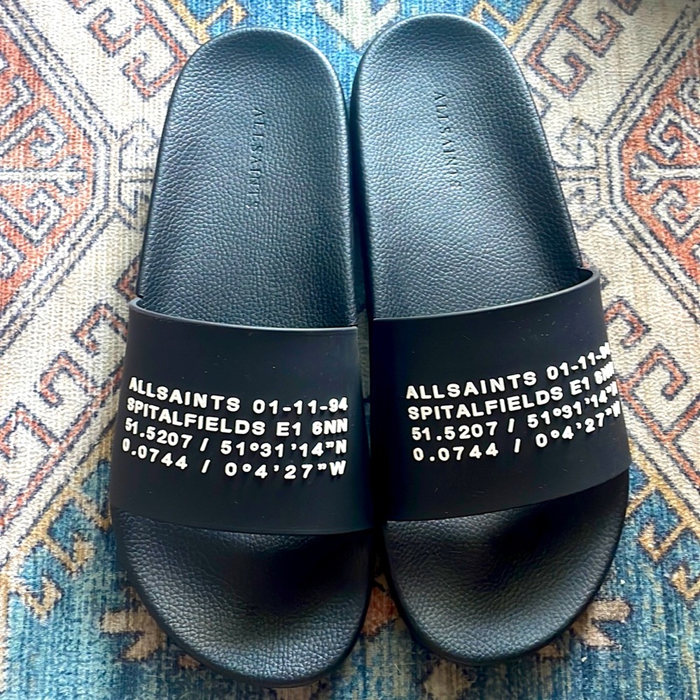 AllSaints Black  Men's Slip On Slide Sandals Rubber Logo Size 42 /11